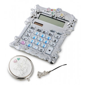 Набір подарунковий косметичний дзеркало, калькулятор, брелок на телефон сріблястий 14*16*4 см. B600399