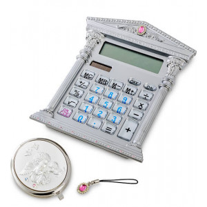 Подарунковий набір косметичний дзеркало, калькулятор, брелок на телефон сріблястий 14*16*4 см. B600400