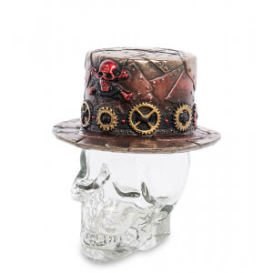 Скляний флакон для віскі Капелюх в стилі стимпанк на черепі 7,5*8*17 см. B600811