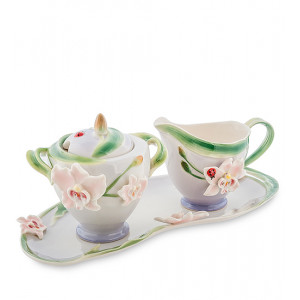 Набір чайний фарфоровий 3 предмети цукорниця, молочник та підставка Орхідея B6001033