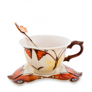 Чайный набор фарфоровый 3 предмета чашка 200 мл. блюдце и ложка Бабочка B6001097