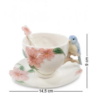 Чайний набір 3 предмети чашка, блюдце та ложка керамічний Блакитний птах Щастя 14,5*14,5*9 см. B6001626