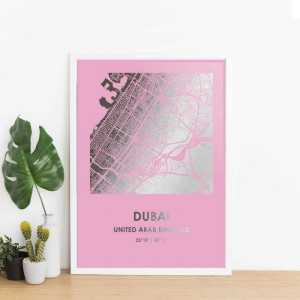 Карта міста Дубай подарунковий постер персоналізований А3 сріблясто-рожевий B132386