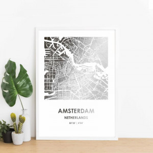 Постер подарунковий Карта Амстердама персоналізований А3 сріблясто-білий B132388